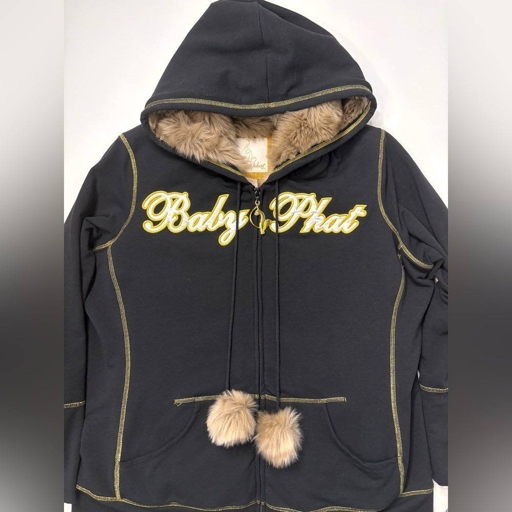 Vintage 90's BABY PHAT Black‎ & Gold Faux Fur-lined Zip-up Hoodie Logo Jacket 1X